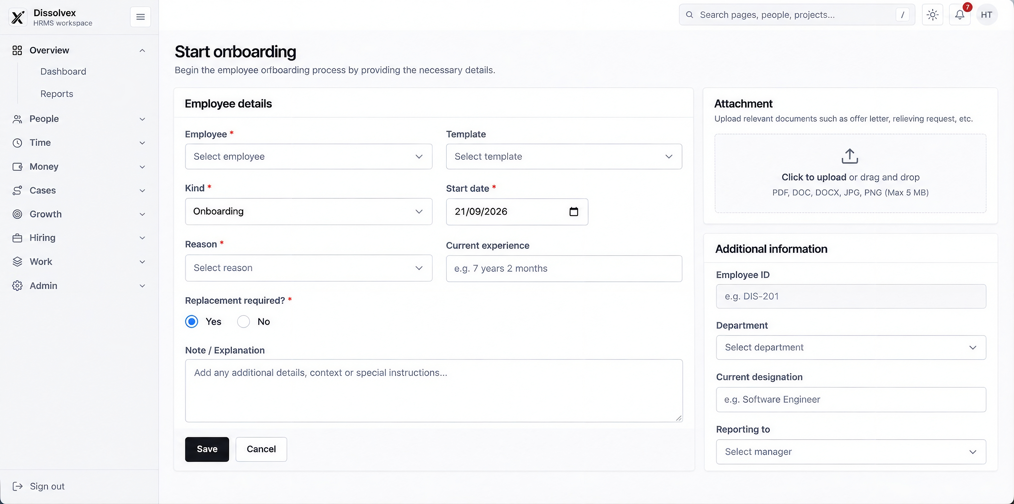 Start Employee Onboarding Details — dissolveX HRMS