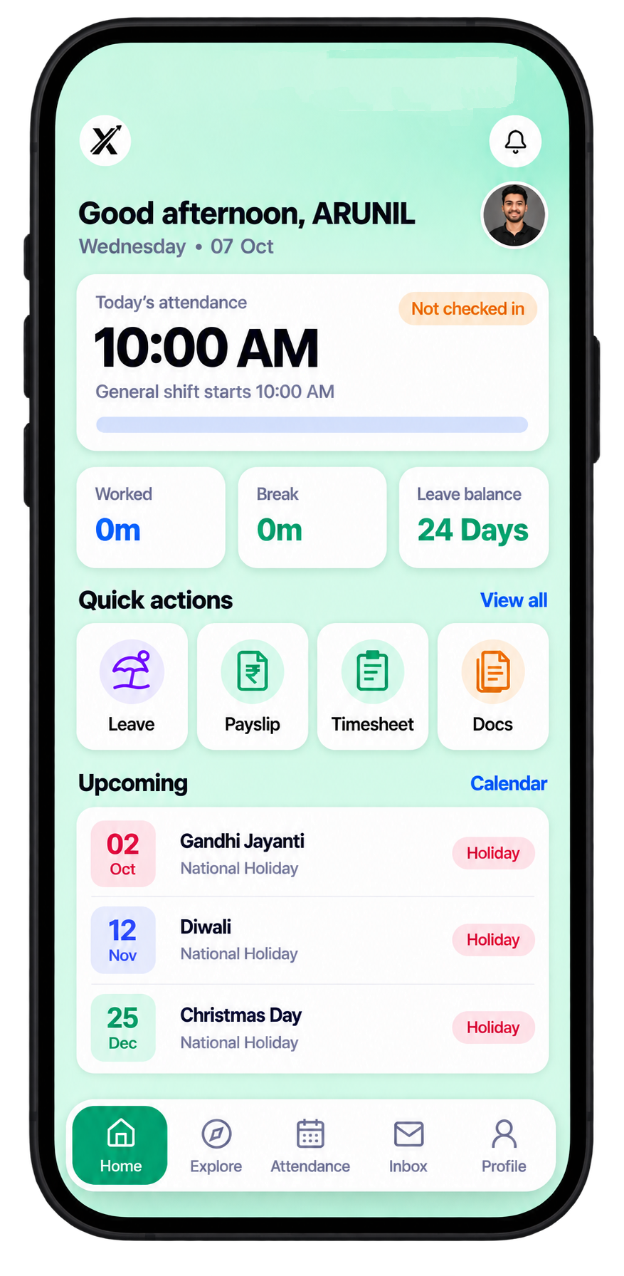 dissolveX mobile HRMS home screen showing attendance, quick actions, and leave balance
